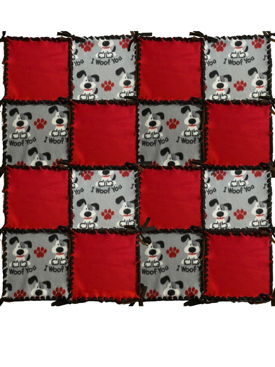 Make Your Own 40" Fleece Blanket Kit Activity for Elderly, Low Vision, Dementia, Blind & Child Friendly, Simple Lacing, Plastic Needle, I Woof You Pattern (Red, White, Gray)